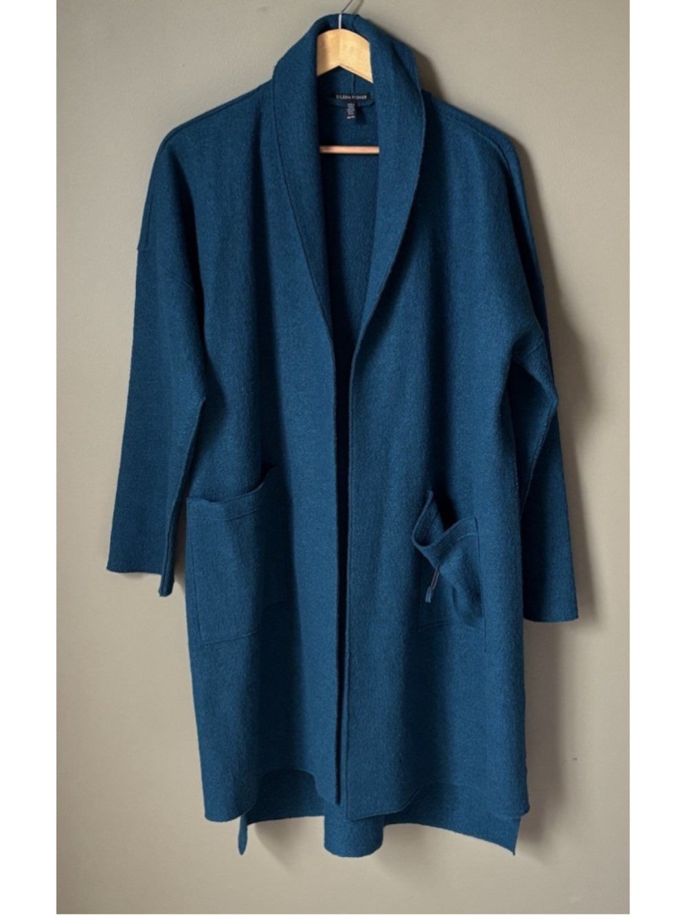 Eileen Fisher Sweater Coat XS Merino Wool Teal Blue Fits S/M - FLAW